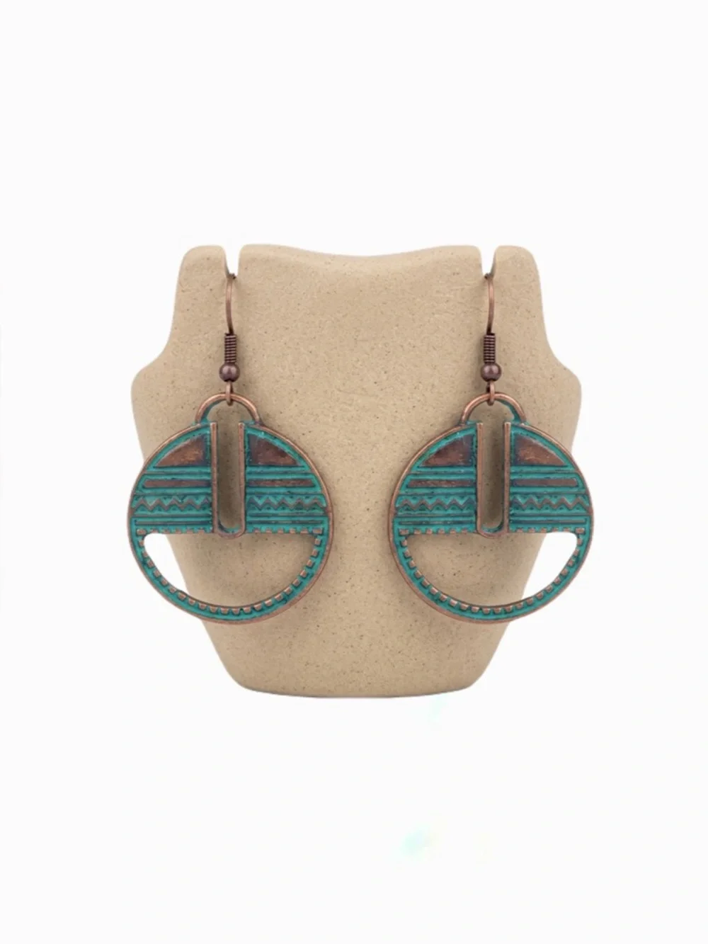 New Womans Turquoise Patina Round Metal Tribal Style Bronze Dangle Hook Earrings